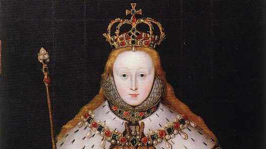 Portrait of Queen Elizabeth I wearing her coronation robes, adorned with pearls and a jeweled crown, symbolizing royal authority during the Elizabethan era.