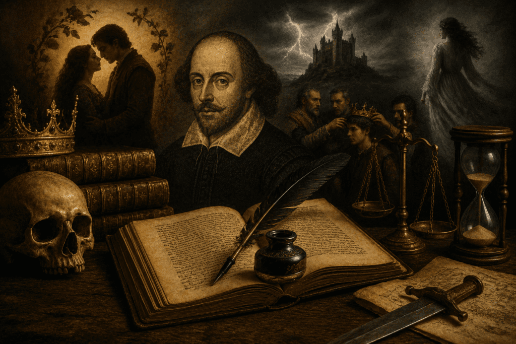 Renaissance-style collage of Shakespearean themes with an open book, skull, crown, scales, hourglass, and scenes of love, power, fate, and mortality.