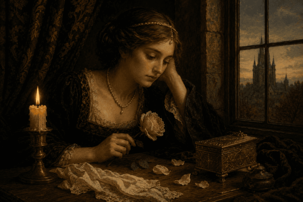 Renaissance-style portrait of a thoughtful woman holding a rose beside a candlelit window, symbolizing the honest, unconventional love in Shakespeare’s Sonnet 130.