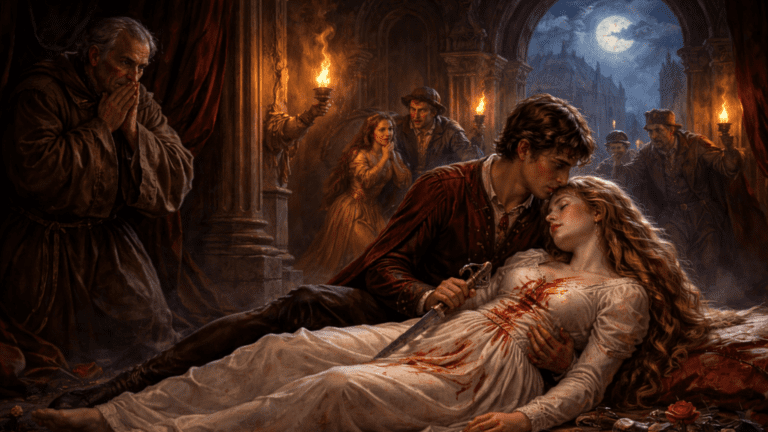 A Renaissance-style theatrical scene with fallen figures, grief, and symbols of power and death, representing Shakespeare’s tragic style.