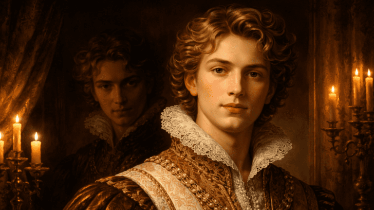 Renaissance-style scene of a beautiful young nobleman with a serene expression while a darker shadow behind him suggests hidden deception, symbolizing Shakespeare’s Sonnet 93.