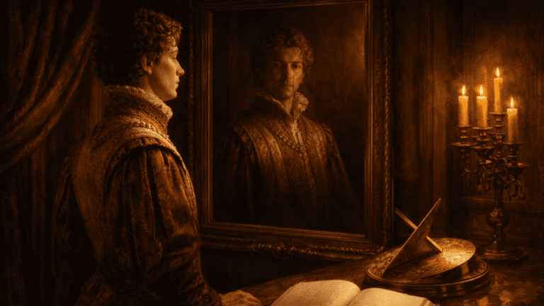 Renaissance study scene with a young nobleman gazing into a mirror while a brass sundial and open notebook sit on a candlelit desk, symbolizing time, reflection, and writing in Shakespeare’s Sonnet 77.