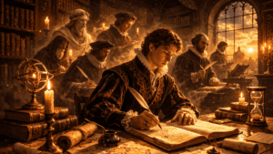 Sonnet 59: If There Be Nothing New, But That Which Is 7 Renaissance library scene with a nobleman reading ancient manuscripts while faint ghostlike figures of scholars from the past appear behind him, symbolizing time and recurring ideas in Shakespeare’s Sonnet 59.
