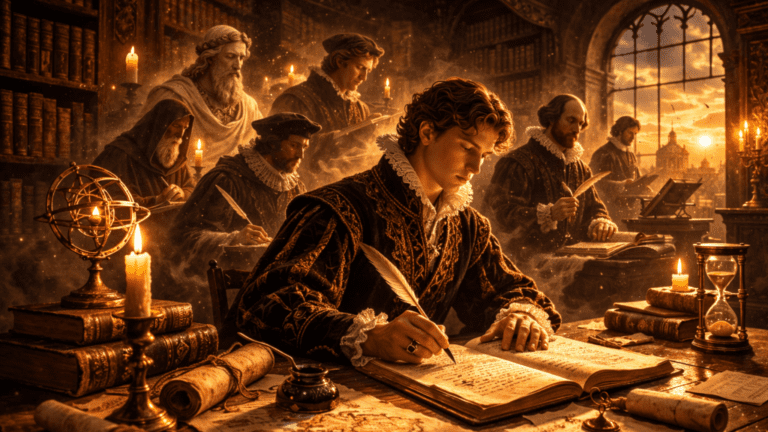 Renaissance library scene with a nobleman reading ancient manuscripts while faint ghostlike figures of scholars from the past appear behind him, symbolizing time and recurring ideas in Shakespeare’s Sonnet 59.