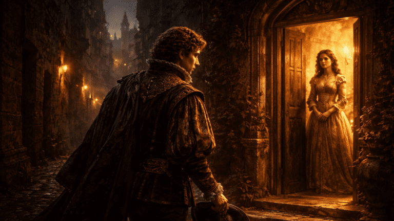 Renaissance scene of a weary poet walking from a dark street toward a warmly lit doorway where a noble beloved waits, symbolizing return and forgiveness in Shakespeare’s Sonnet 110.