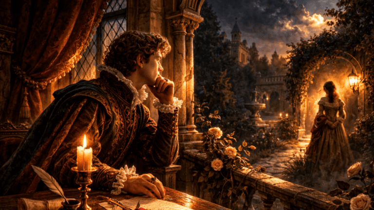 Renaissance scene of a noble poet standing by a candlelit window while a distant beloved appears faint in the shadows, symbolizing fragile trust and hidden doubt in Shakespeare’s Sonnet 92.