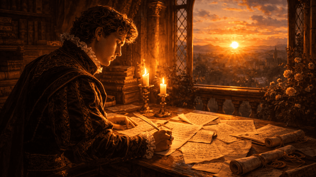 Renaissance scene of a poet writing repeated verses at a candlelit desk while the sun rises through a window, symbolizing renewal and constant love in Shakespeare’s Sonnet 76.