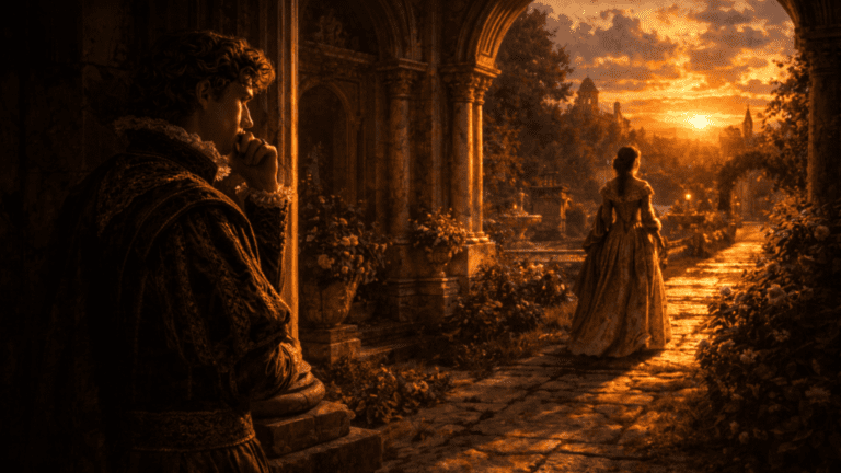 Renaissance scene of a poet waiting in shadow beside a column while a noble beloved walks freely through a sunlit garden, symbolizing devotion and unequal power in Shakespeare’s Sonnet 58.