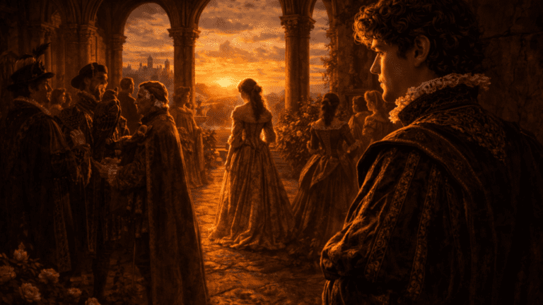 Renaissance court scene with nobles displaying wealth and status while a poet looks toward a beloved figure glowing in warm light, symbolizing love surpassing worldly pride in Shakespeare’s Sonnet 91.