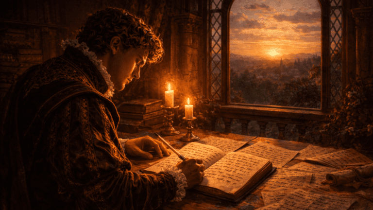 Renaissance scene of a poet writing repeated love verses in a journal by candlelight with earlier pages surrounding him, symbolizing devotion and renewal in Shakespeare’s Sonnet 108.