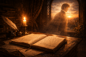 Renaissance scene of a manuscript on a candlelit desk while the faint spirit of a poet fades into light, symbolizing poetry preserving life beyond death in Shakespeare’s Sonnet 74.