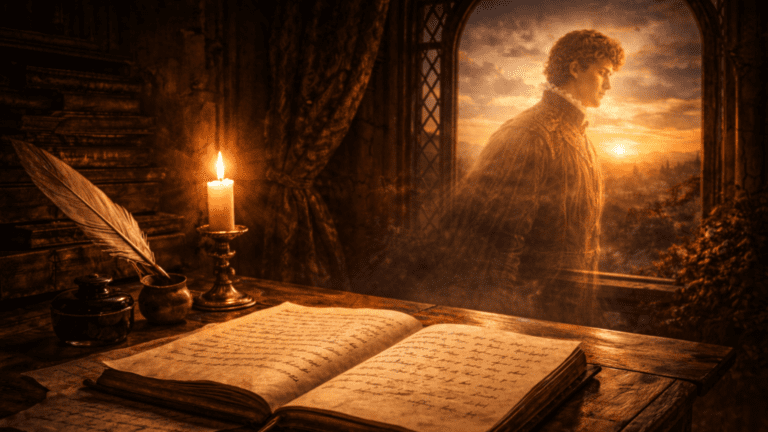 Renaissance scene of a manuscript on a candlelit desk while the faint spirit of a poet fades into light, symbolizing poetry preserving life beyond death in Shakespeare’s Sonnet 74.