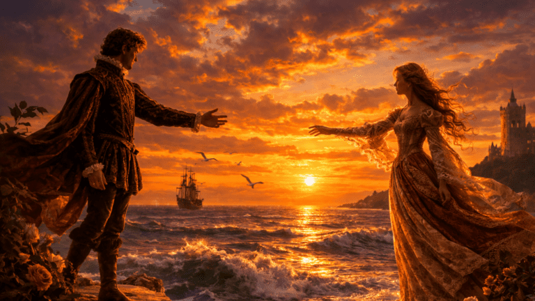Renaissance coastal scene of two lovers standing on opposite shores across the sea at sunset, symbolizing separation and renewed love in Shakespeare’s Sonnet 56.