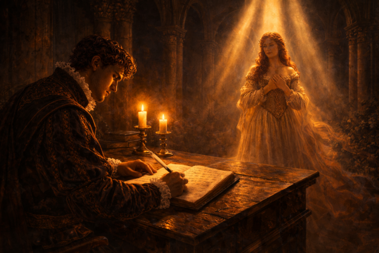 Renaissance scene of a poet writing as three beams of golden light shine upon a beloved figure, symbolizing beauty, kindness, and truth in Shakespeare’s Sonnet 105.