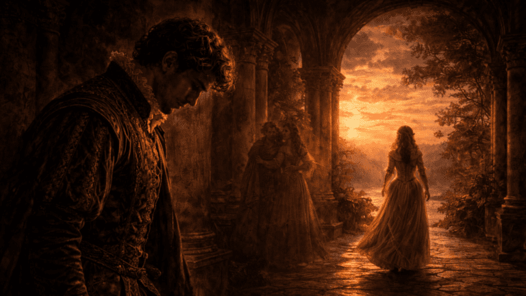 Renaissance scene of a poet standing in shadow with head bowed as a beloved walks away, symbolizing self-sacrifice and rejection in Shakespeare’s Sonnet 89.