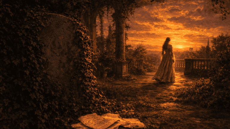 Renaissance garden scene with a poet’s ivy-covered gravestone and scattered manuscripts while a distant beloved walks away, symbolizing humility and forgotten memory in Shakespeare’s Sonnet 72.