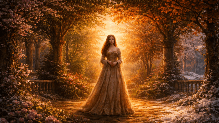 Renaissance garden scene of a serene figure surrounded by trees showing all four seasons, symbolizing time passing while beauty appears unchanged in Shakespeare’s Sonnet 104.