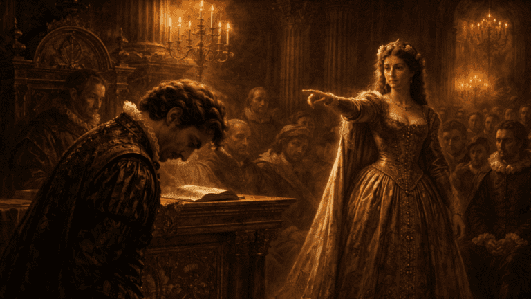 Renaissance court scene of a poet bowing his head while a beloved judges him before an audience, symbolizing loyalty and self-sacrifice in Shakespeare’s Sonnet 88.