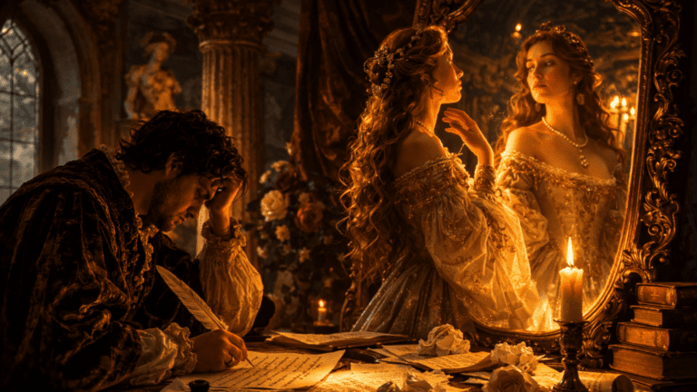 Renaissance scene of a poet struggling to write while a beloved gazes into a mirror, symbolizing beauty surpassing poetry in Shakespeare’s Sonnet 103.