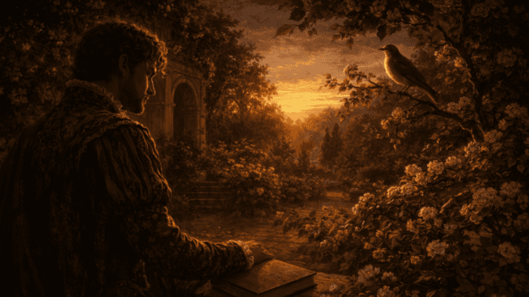 Renaissance garden scene of a poet quietly watching a nightingale at twilight beside a closed notebook, symbolizing restrained love in Shakespeare’s Sonnet 102.