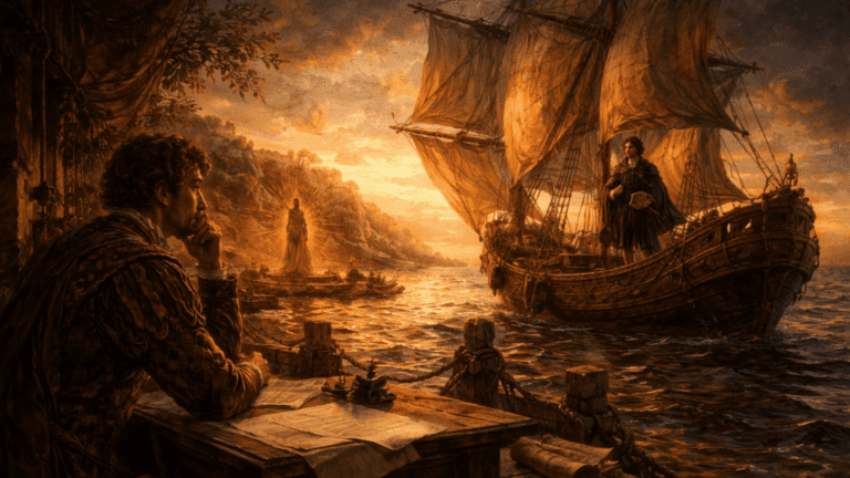 Renaissance harbor scene of a rival poet sailing proudly while another poet watches from the shore, symbolizing poetic rivalry in Shakespeare’s Sonnet 86.