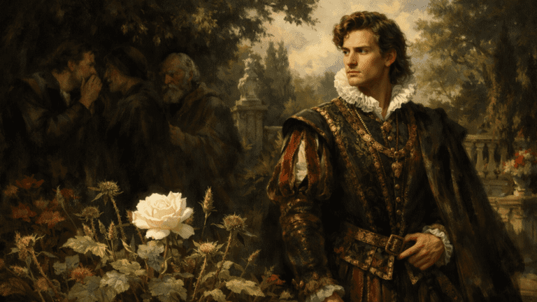A Renaissance-style image of a handsome young nobleman in a garden while shadowy figures observe him, symbolizing the contrast between outward beauty and damaged reputation in Shakespeare’s Sonnet 69.
