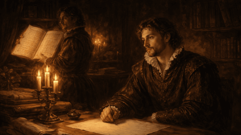A Renaissance-style scene of a quiet poet at a desk with minimal writing while another poet displays ornate pages, symbolizing silent devotion versus elaborate praise in Sonnet 85.
