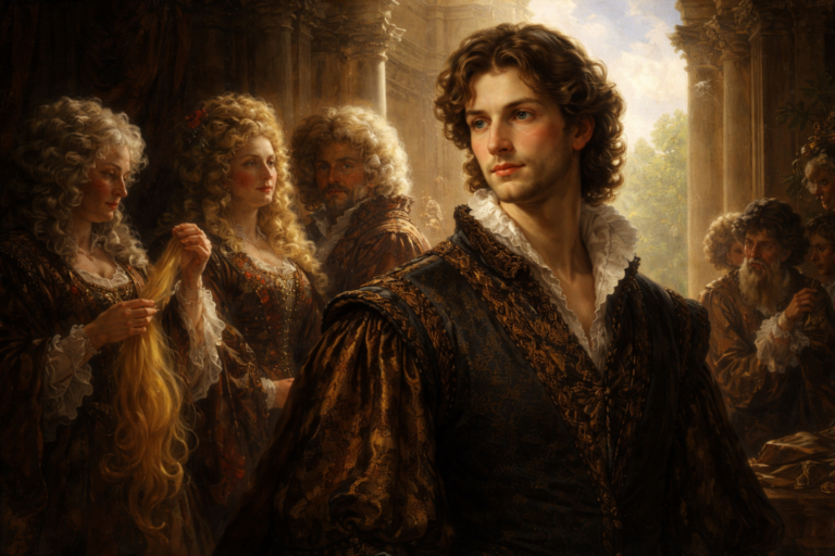 A Renaissance-style scene of a naturally handsome young man contrasted with figures wearing wigs and cosmetics, symbolizing natural versus artificial beauty in Sonnet 68.