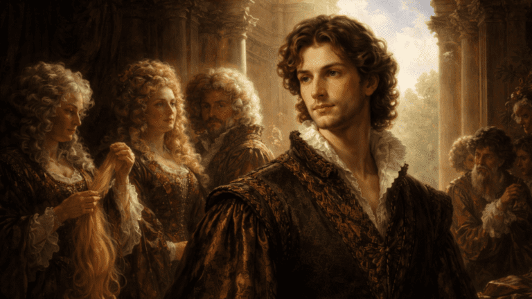A Renaissance-style scene of a naturally handsome young man contrasted with figures wearing wigs and cosmetics, symbolizing natural versus artificial beauty in Sonnet 68.