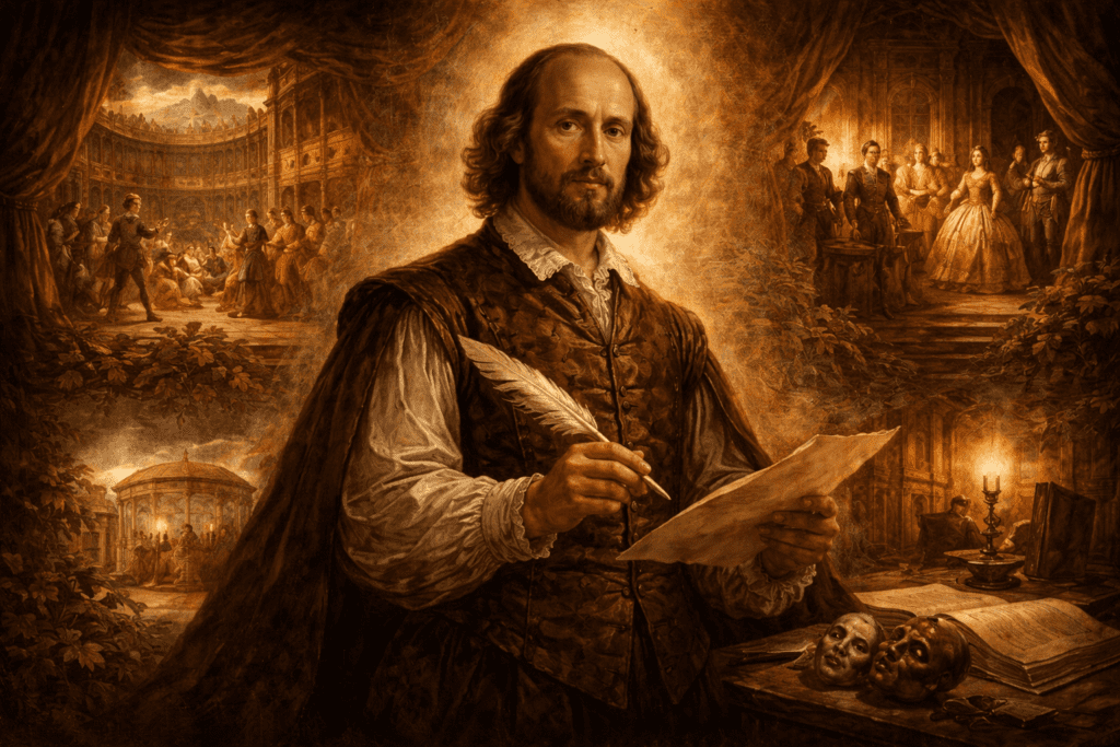 A Renaissance-style montage of Shakespeare surrounded by scenes of theater, writing, and court life, representing his life and career.