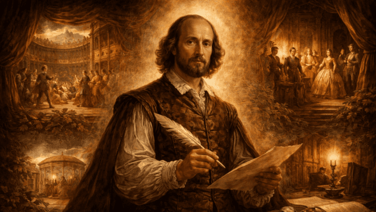 A Renaissance-style montage of Shakespeare surrounded by scenes of theater, writing, and court life, representing his life and career.