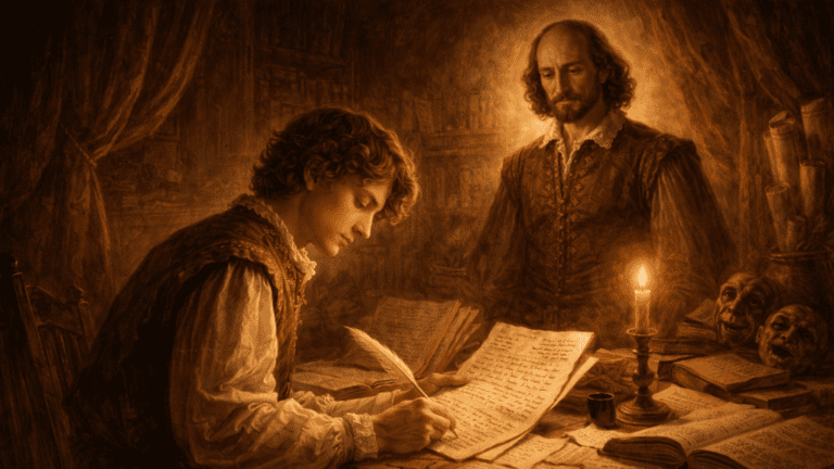 A Renaissance-style study scene with a student analyzing texts and Shakespeare nearby, symbolizing learning grammar and understanding his language.