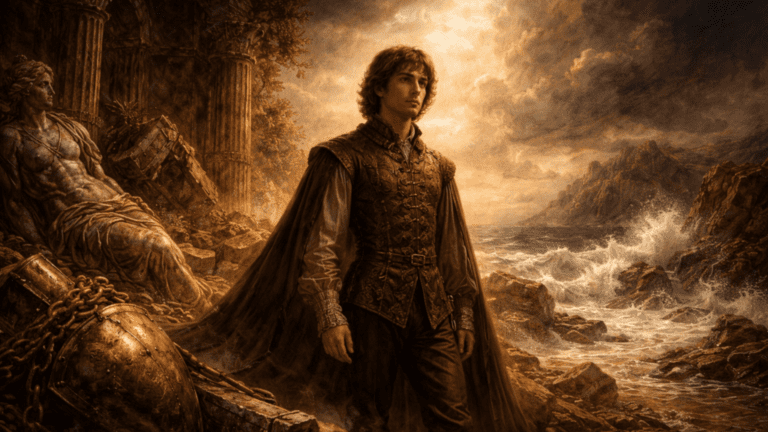 A Renaissance-style scene of a nobleman standing untouched amid crumbling structures and crashing waves, symbolizing time’s destruction and enduring beauty in Sonnet 65.