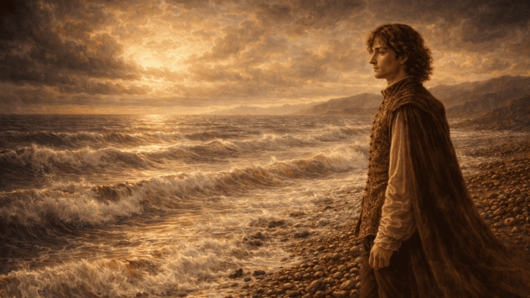 A Renaissance-style coastal scene with waves moving toward shore and a nobleman standing nearby, symbolizing time’s constant progression in Sonnet 60.