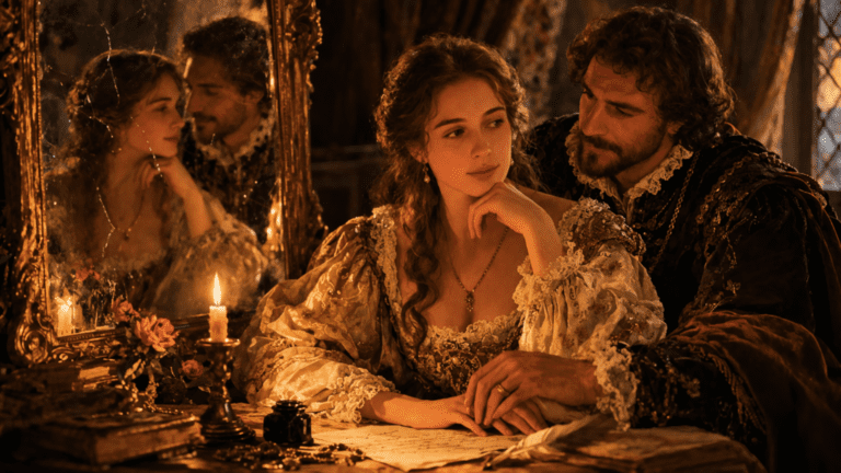 A Renaissance-style scene of a couple with subtly knowing expressions and a distorted reflection, symbolizing mutual deception in Sonnet 138.