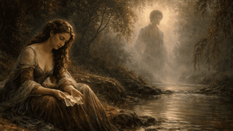 A Renaissance-style scene of a sorrowful woman by a stream releasing love tokens, with a faint male figure in the background, symbolizing betrayal in A Lover’s Complaint.