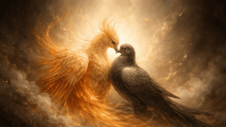 A Renaissance-style allegorical scene of a phoenix and a turtle dove united in glowing light, symbolizing perfect love and transcendence in The Phoenix and the Turtle.