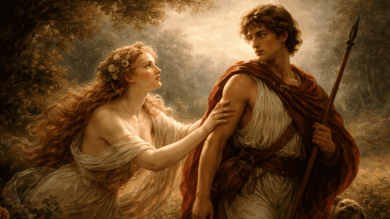 A Renaissance-style scene of Venus reaching toward Adonis as he prepares to leave, symbolizing desire and resistance in Venus and Adonis.