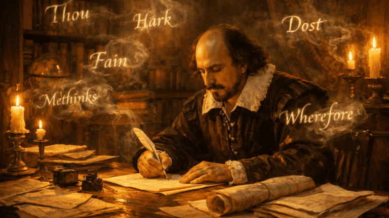 William Shakespeare writing in a candlelit study surrounded by floating archaic words and manuscripts