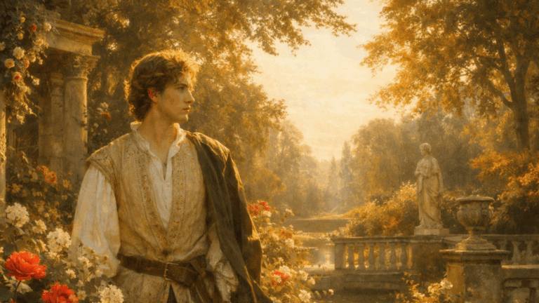 Radiant figure in a sunlit Renaissance garden with blooming flowers and soft golden light, symbolizing enduring beauty and the passage of time