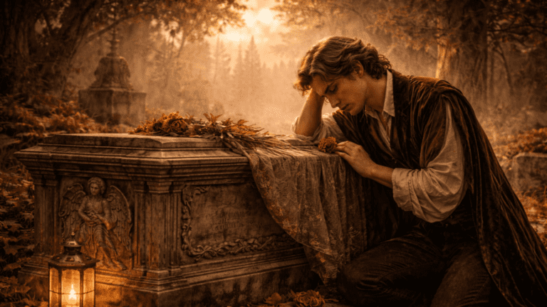 A Renaissance-style image of a solemn young man associated with death and remembrance, symbolizing mourning, loss, and the speaker’s wish to be forgotten in Shakespeare’s Sonnet 71.