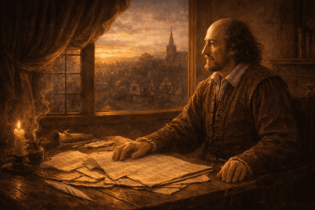 A Renaissance-style scene of an older Shakespeare sitting at a desk in soft evening light, reflecting on his life and work.