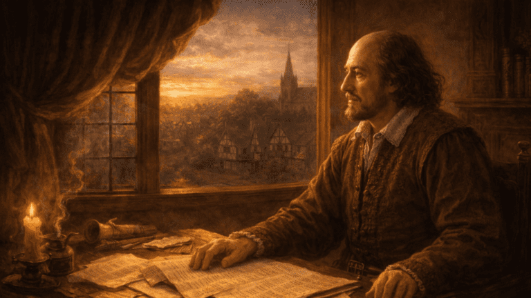 A Renaissance-style scene of an older Shakespeare sitting at a desk in soft evening light, reflecting on his life and work.