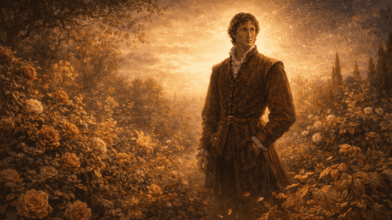 A Renaissance-style garden with a young nobleman surrounded by both blooming and fading plants, symbolizing growth, time, and decay in Sonnet 15.