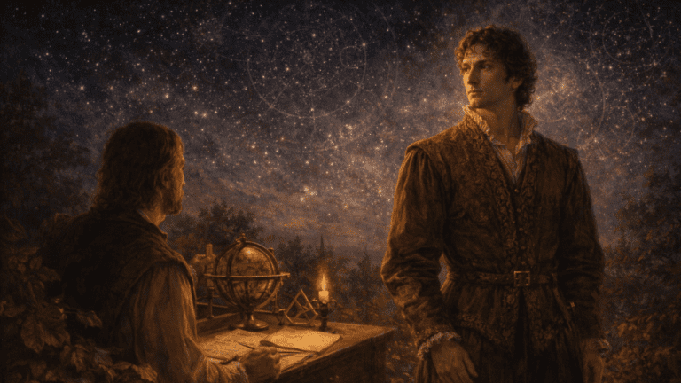 A Renaissance-style scene of a poet turning away from stars and astrological tools toward a nobleman, symbolizing truth found in human beauty rather than the heavens in Sonnet 14.