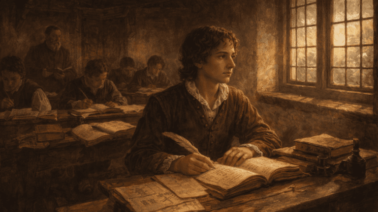 A Renaissance-style classroom with a young Shakespeare studying at a desk, symbolizing his early life and education.