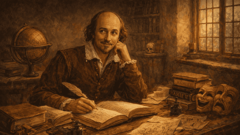 A Renaissance-style scene of Shakespeare at a desk surrounded by books, papers, and theatrical elements, symbolizing interesting and playful facts about his life.