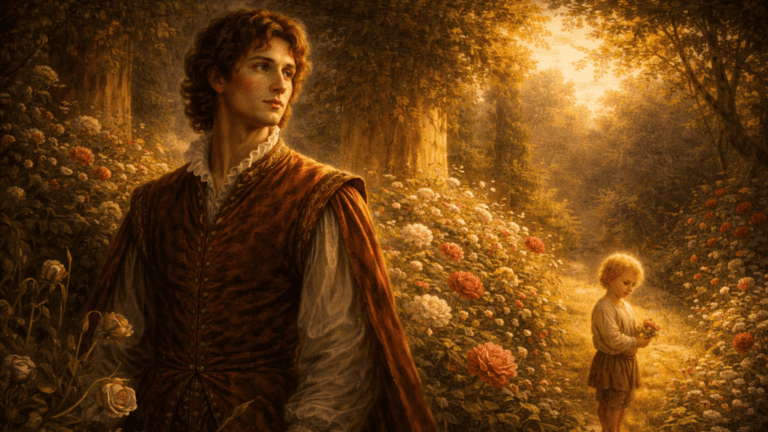 A Renaissance-style garden with a nobleman, a child, and both blooming and withering plants, symbolizing beauty, growth, and legacy in Sonnet 1.