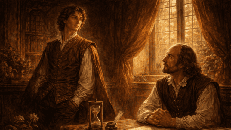 A Renaissance-style scene of a poet waiting attentively near a nobleman, symbolizing patience, devotion, and service in Sonnet 57.