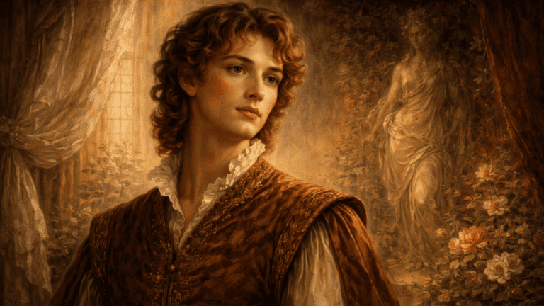 A Renaissance-style portrait of a young nobleman with refined, graceful features blending masculine and feminine beauty, symbolizing Sonnet 20.